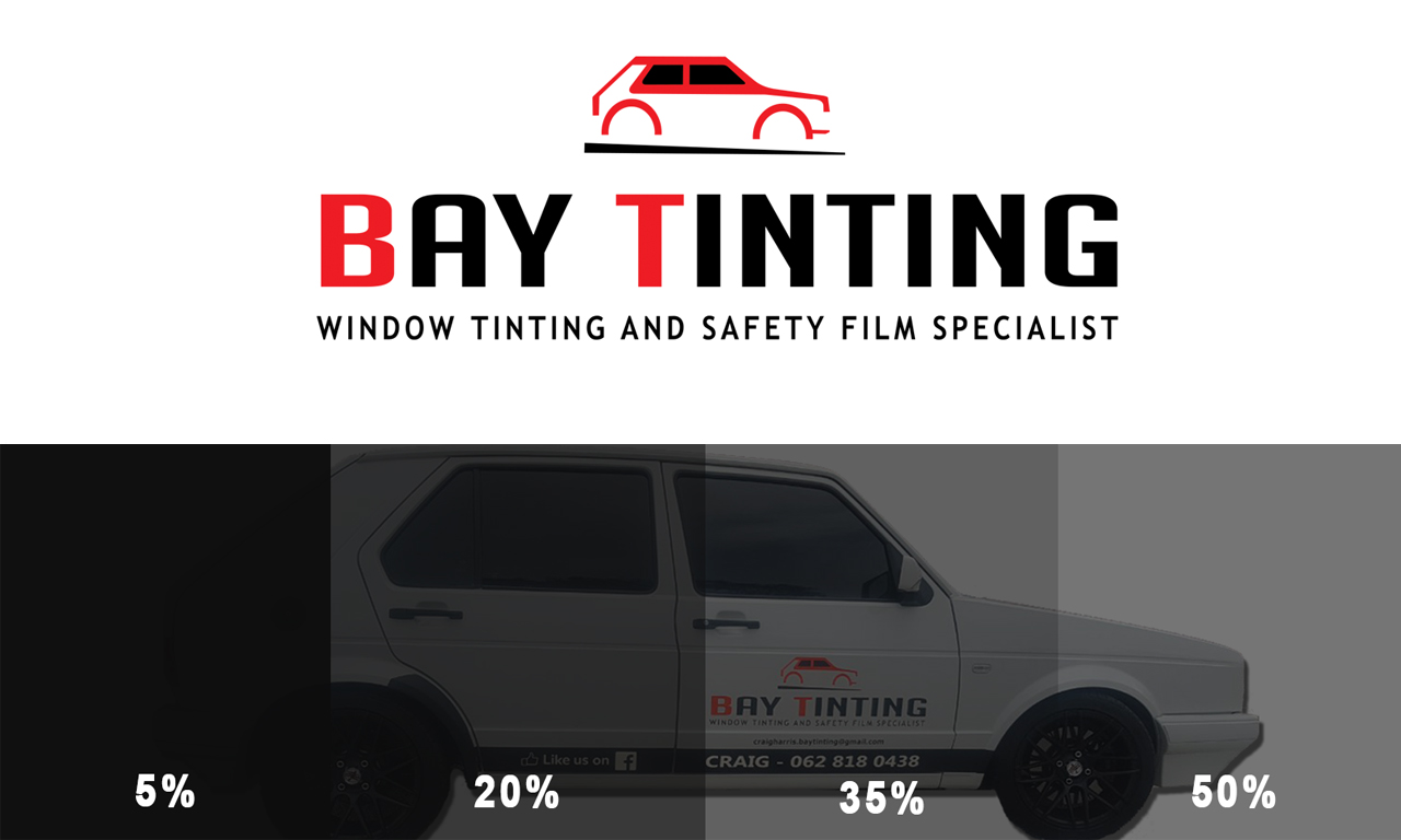 Bay Tinting logo with a visual demonstration of window tint percentages including 5 percent, 20 percent, 35 percent, and 50 percent automotive film darkness levels.